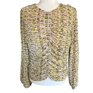White House Black Market Ruched L/S Keyhole Blouse Pink Green Size 10 NWT